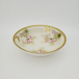 Leuchtenburg Pink Rose Cabinet Bowl, Heavy Gold Edge, Artiest Signed, c.1920-35